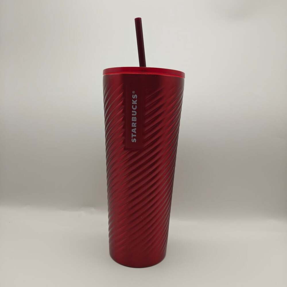 Starbucks Holiday 2022 Red Metal Spiral Twist 24 oz Cold Cup Tumbler with Straw